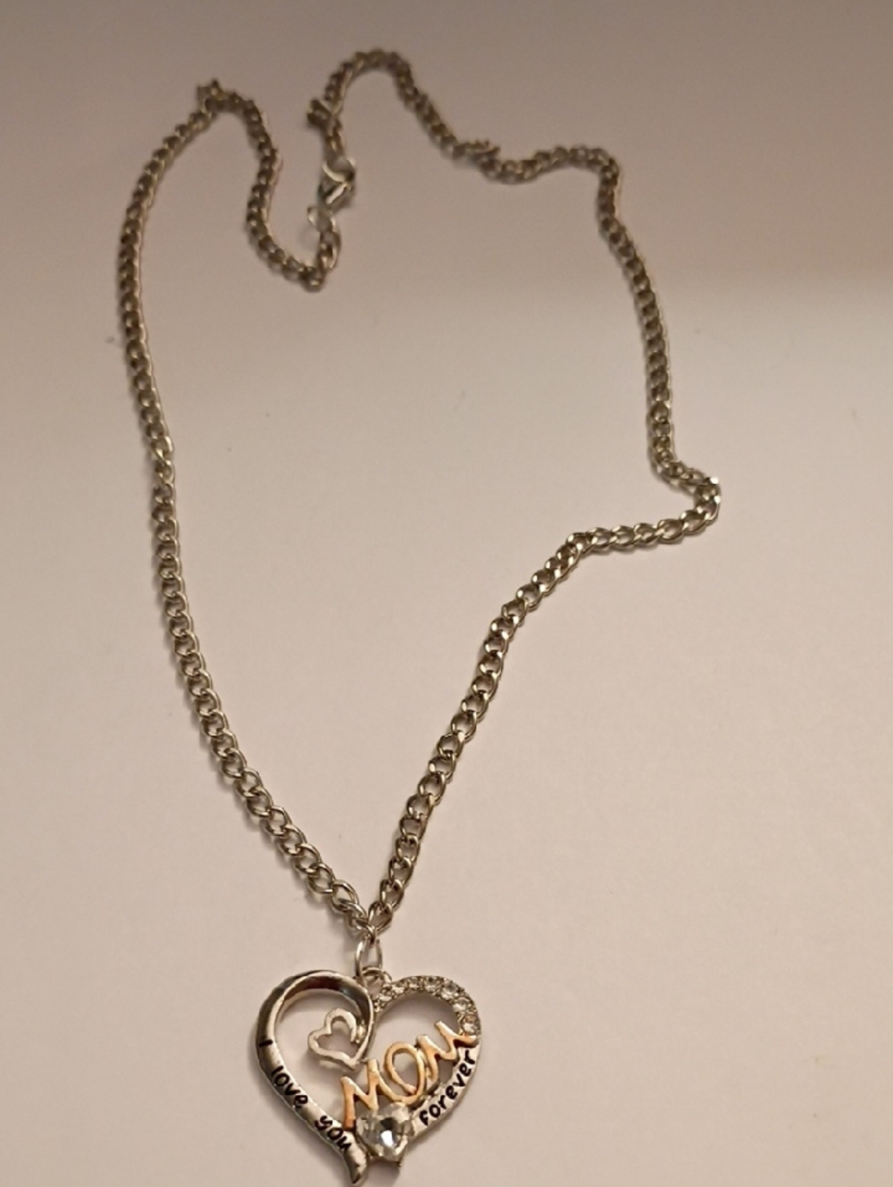 Silver 'Mom' Heart Pendant Necklace with Rhinestone Accent - Silver
